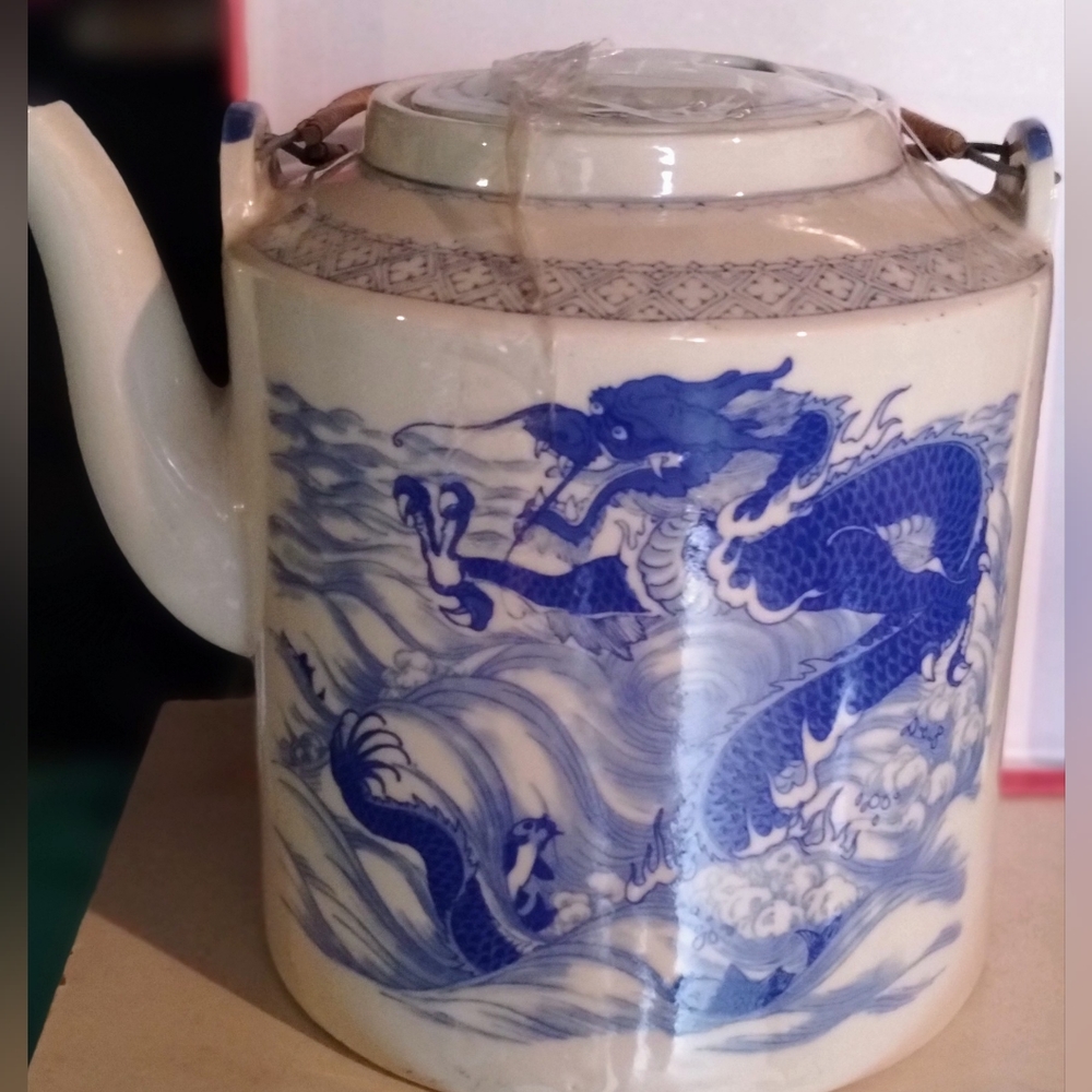 Large Vintage Blue and White Chinese Wedding Teapot